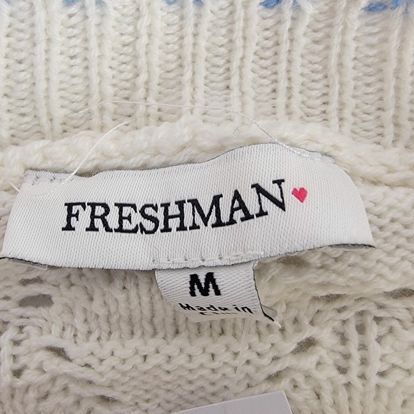 FRESHMAN Crochet Knit Lounge Set M Cream Blue Striped Sweater Skirt Boho NEW - Picture 4 of 11
